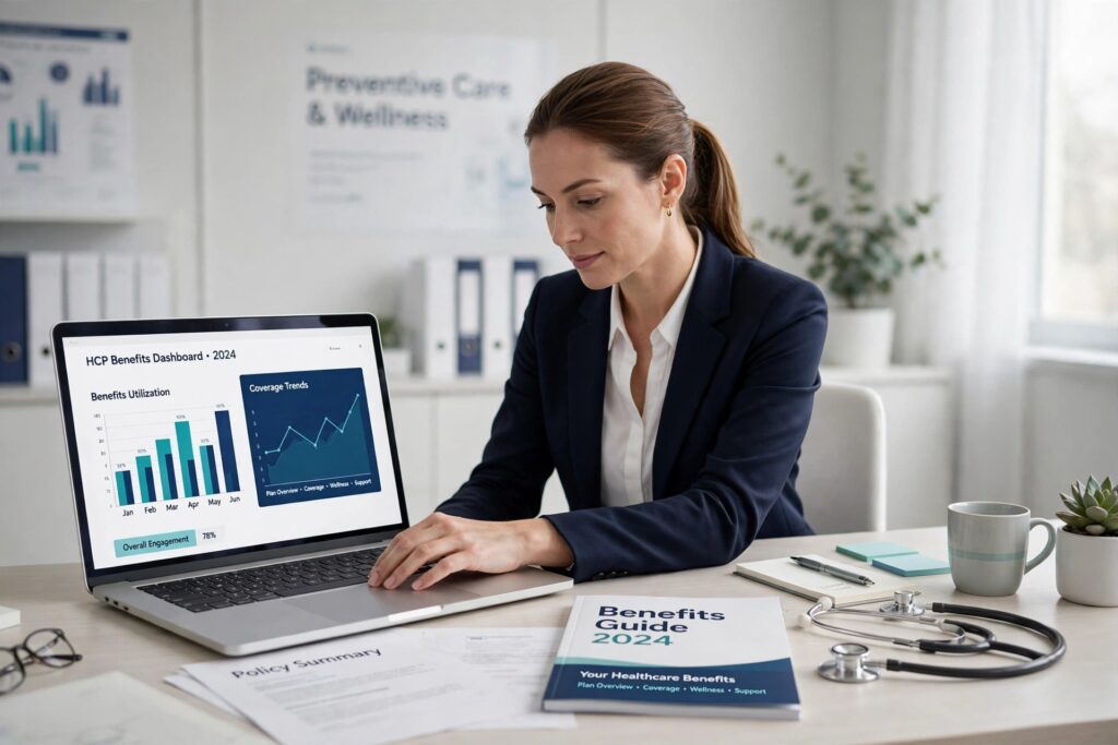 Young professional woman at a desk working on a laptop showing a benefits dashboard